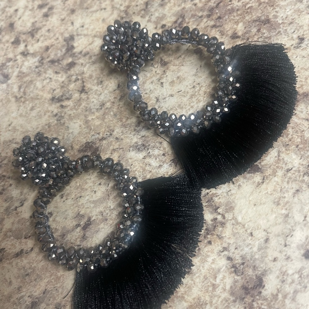 Boho shiny black tassel earrings